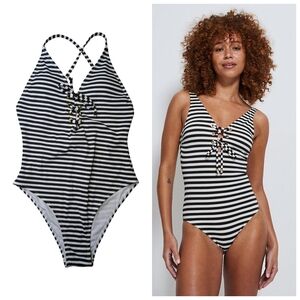 Striped Ribbed NWOT Vneck Lace Back Black & White One Piece Size Small